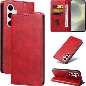 Galaxy S25 Leather 2025 Wallet Case: Shockproof, RFID-Blocking, Red Nappa